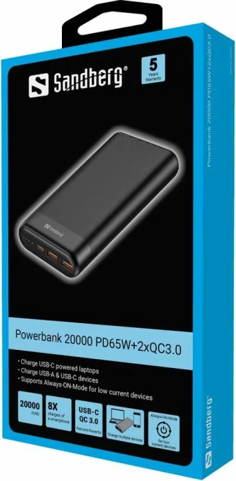 Powerbank Sandberg 420-62 20000 mAh PD 65W + 2x QC 3.0, e zezë, set me kabllo USB-C