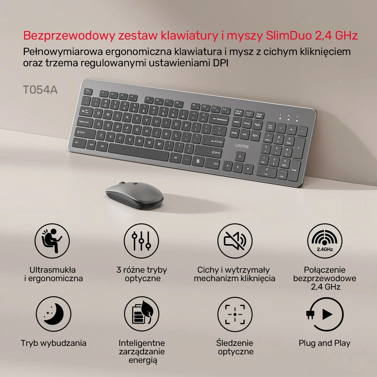 Set tastierë + maus Unitek SlimDuo, wireless 2.4GHz, USB receiver, 1600 DPI, zi-gri