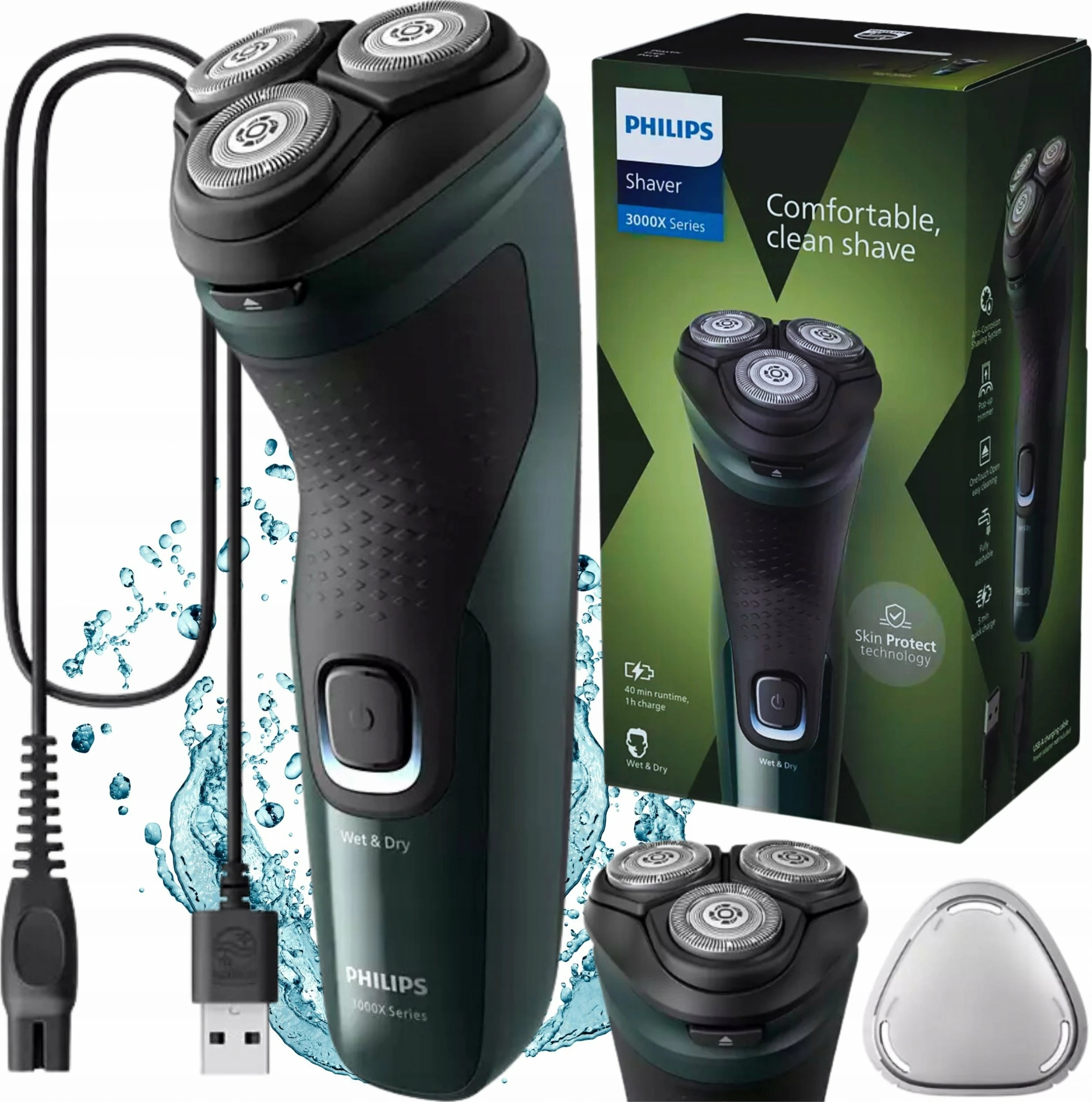Makinë rroje Philips Series 3000X X3002/00, Wet & Dry, rrotative 3-kokëshe, me trimer, IPX7, jeshile