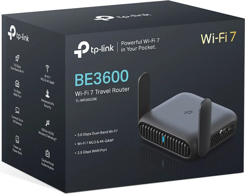 Router portativ TP-Link TL-WR3602BE BE3600, Wi‑Fi 7 dual-band, 2.5GbE, USB 3.0, i zi