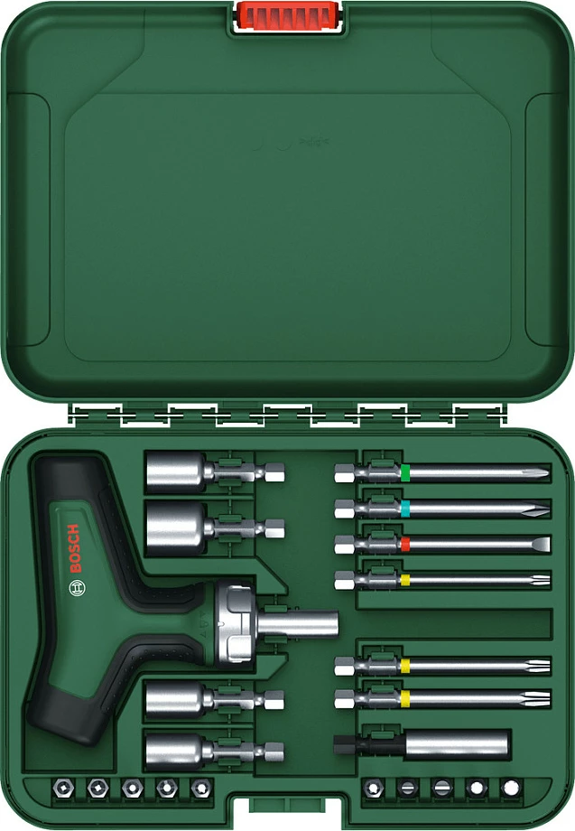 Kaçavidë me bit Bosch T-Grip ratchet, set 22 pjesë, 16 bita, 46 Nm, gjelbër/zi