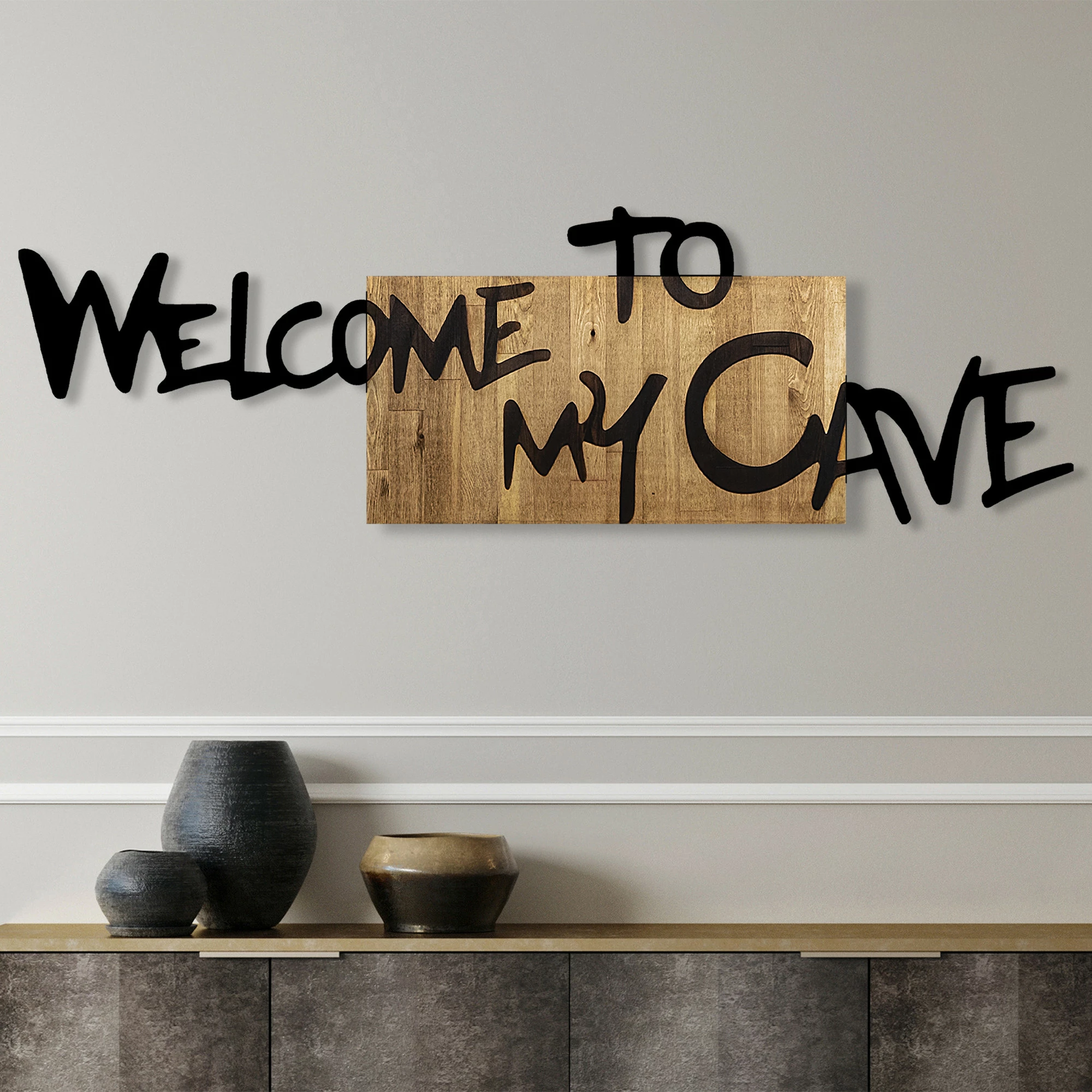 Aksesor dekorativ për mur, dru dhe metal, ngjyrë arre dhe e zezë, Welcome To My Cave, Wallity