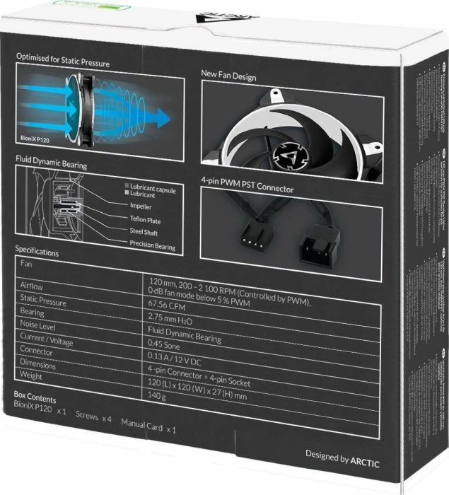 Ventilator PC Arctic BioniX P120 ACFAN00116A 120mm PWM 4-pin 2100rpm Bardhë/Zeze (1 copë)