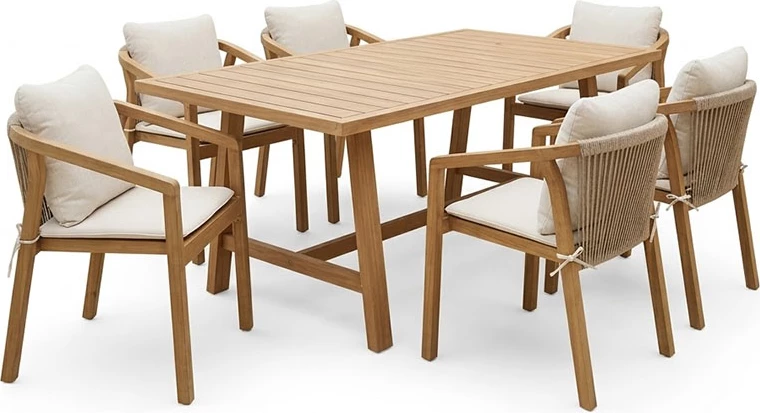 Tavolinë me karrige për terasë Malibu, dru akacie masiv, 7 pjesë, 180x90x75cm, ngjyrë natyrale/bezhë