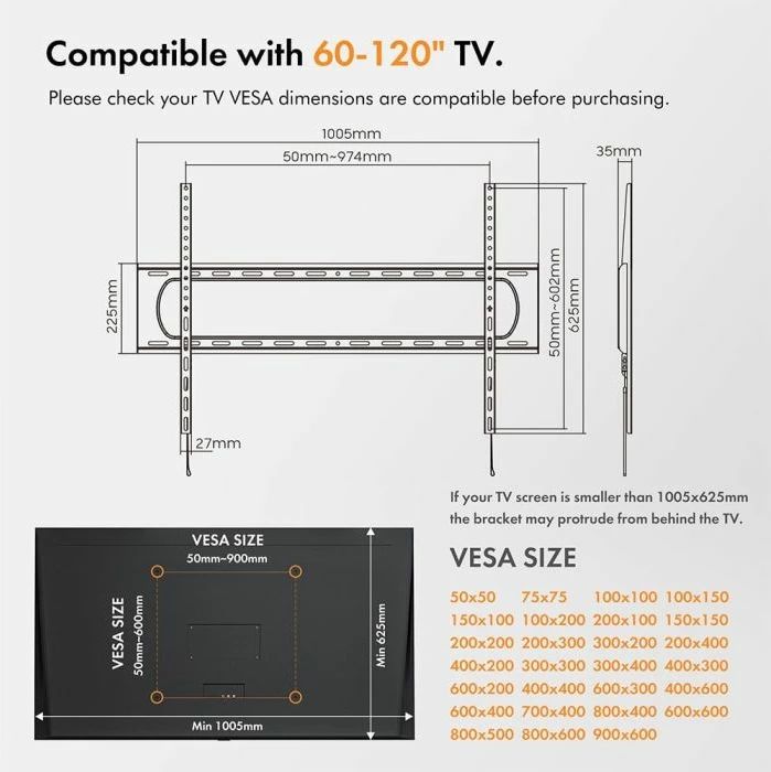 Mbajtëse fikse muri për TV VonHaus 3005092, 60-120\", deri 120 kg, VESA 200x200-900x600, e zezë