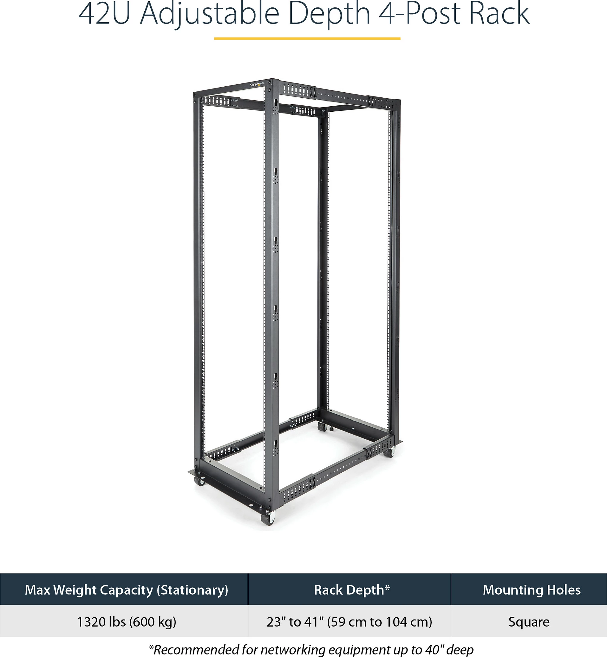 Rack serveri StarTech 4POSTRACK42, 42U, 19", open frame, thellësi e rregullueshme 56-101.7 cm, me rrota, 600 kg, i zi