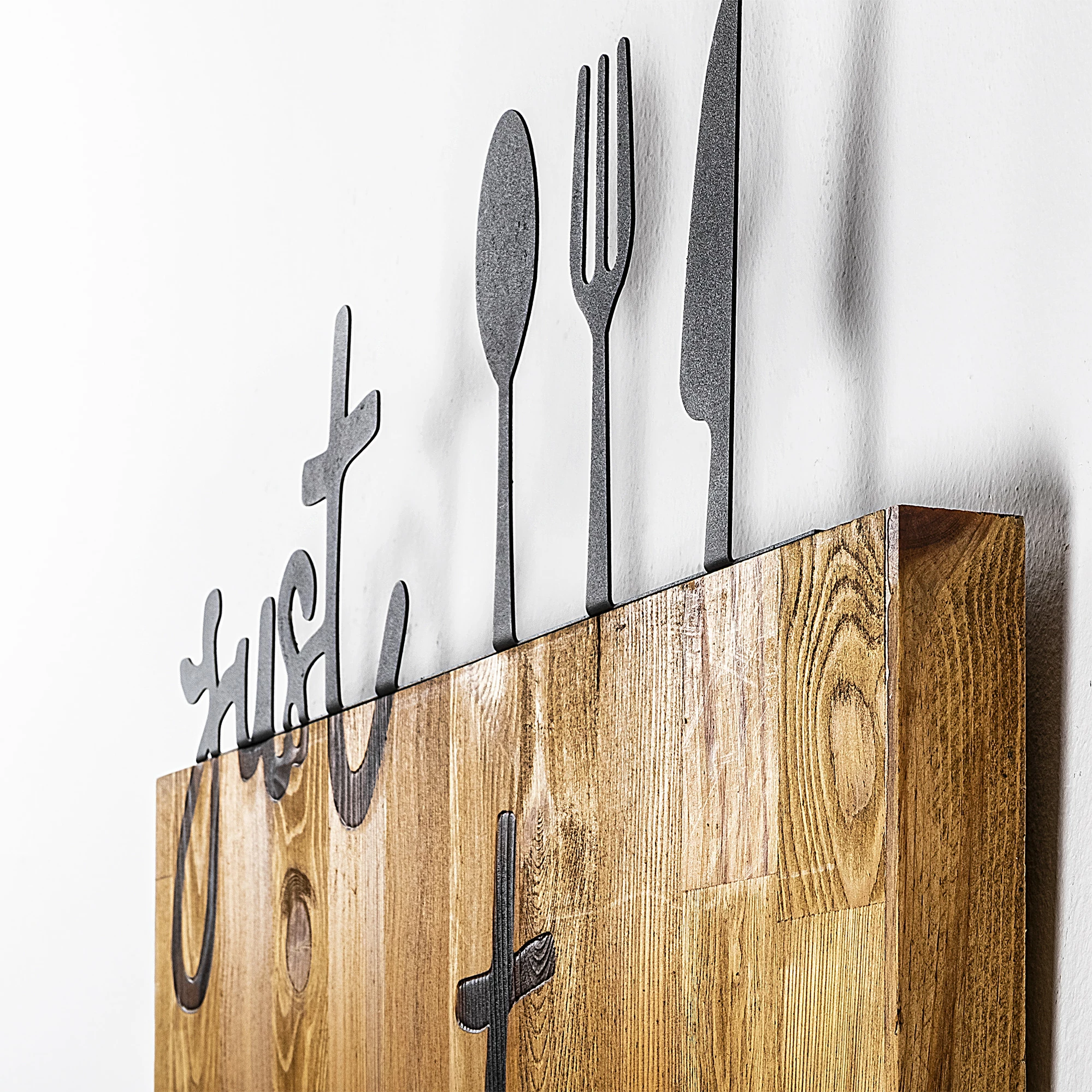Aksesor dekorativ prej druri për mur, Wallity, Just Eat It, ngjyrë arre dhe e zezë, 58x3x52cm