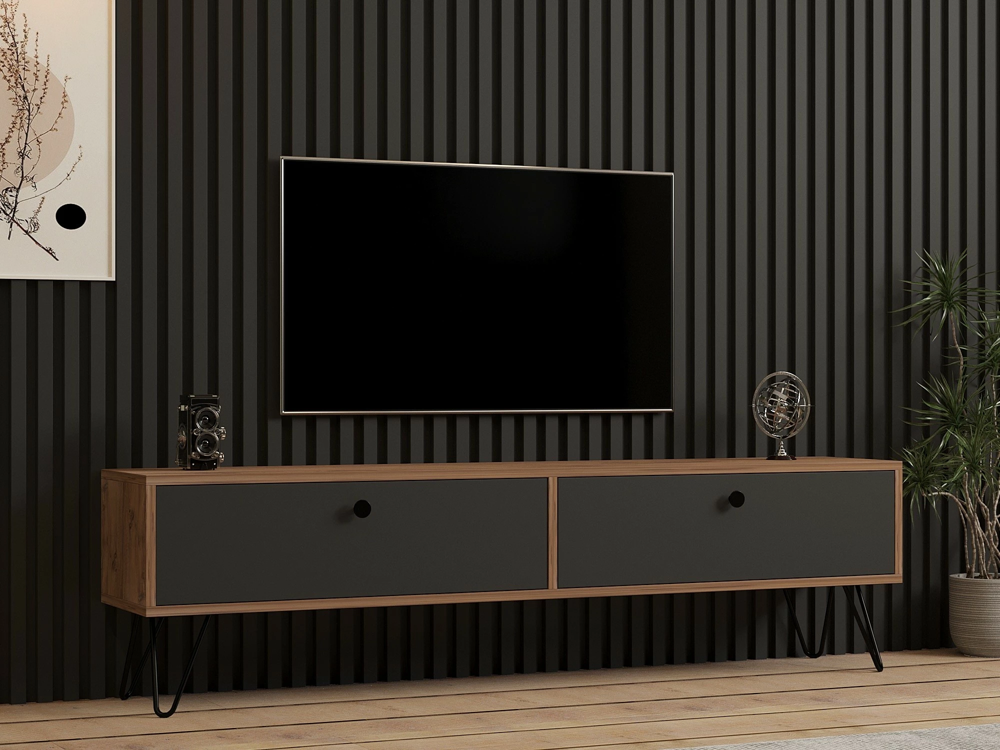 Komodë TV Hanah Home, anësore, ngjyrë Atlantic Pine dhe e zezë