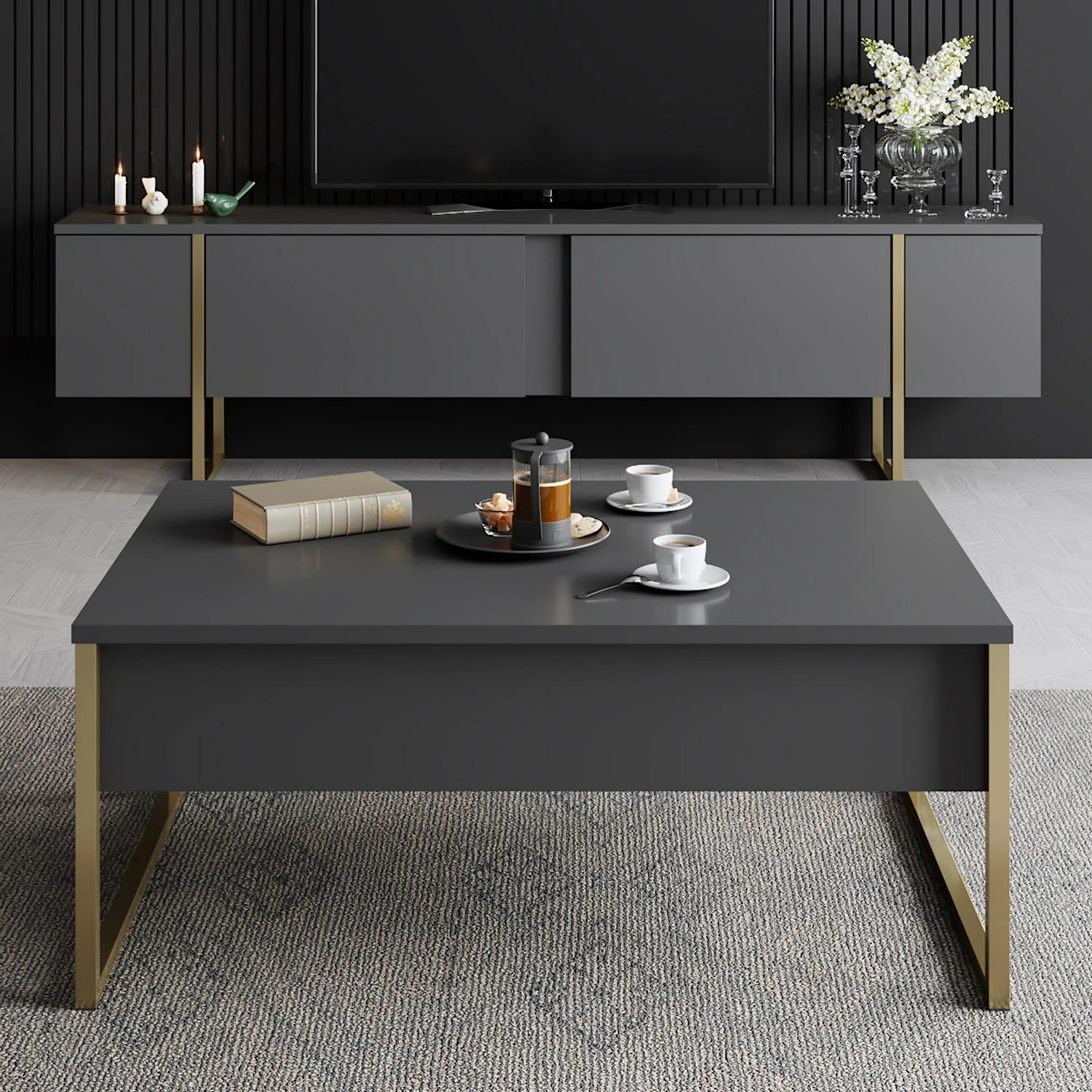 Set mobiljesh për dhomë dite, Luxe, antracit dhe ari