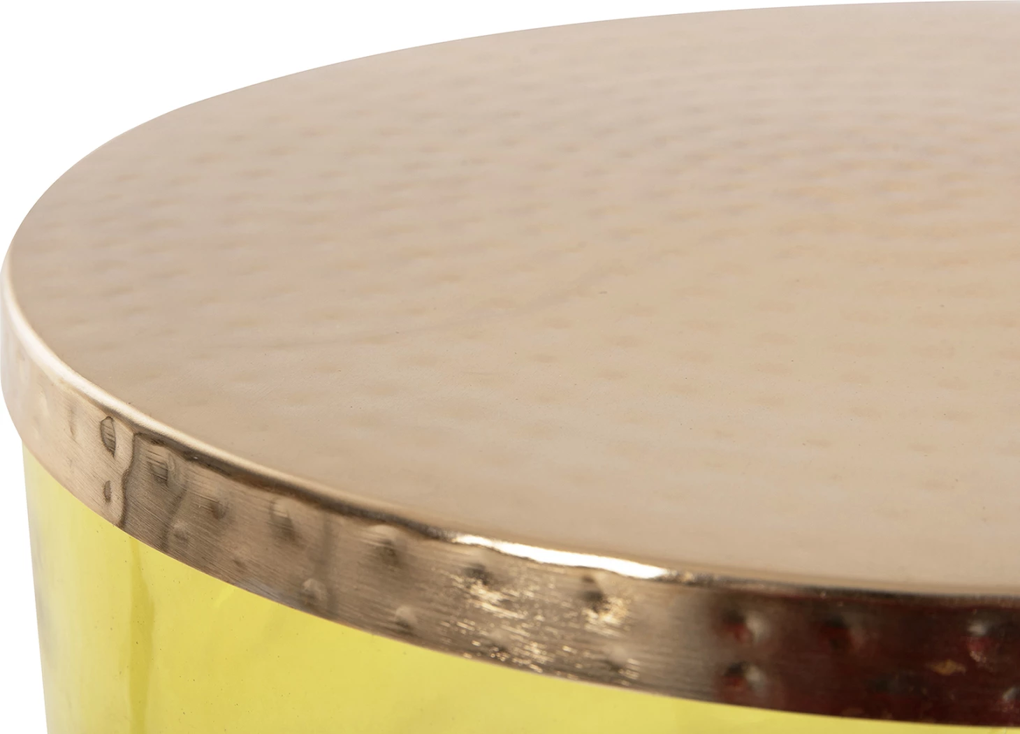 Tavolinë anësore RANE, bazë qelqi e gjelbër e lehtë, sipërfaqe metalike në ar, Φ36x47H cm