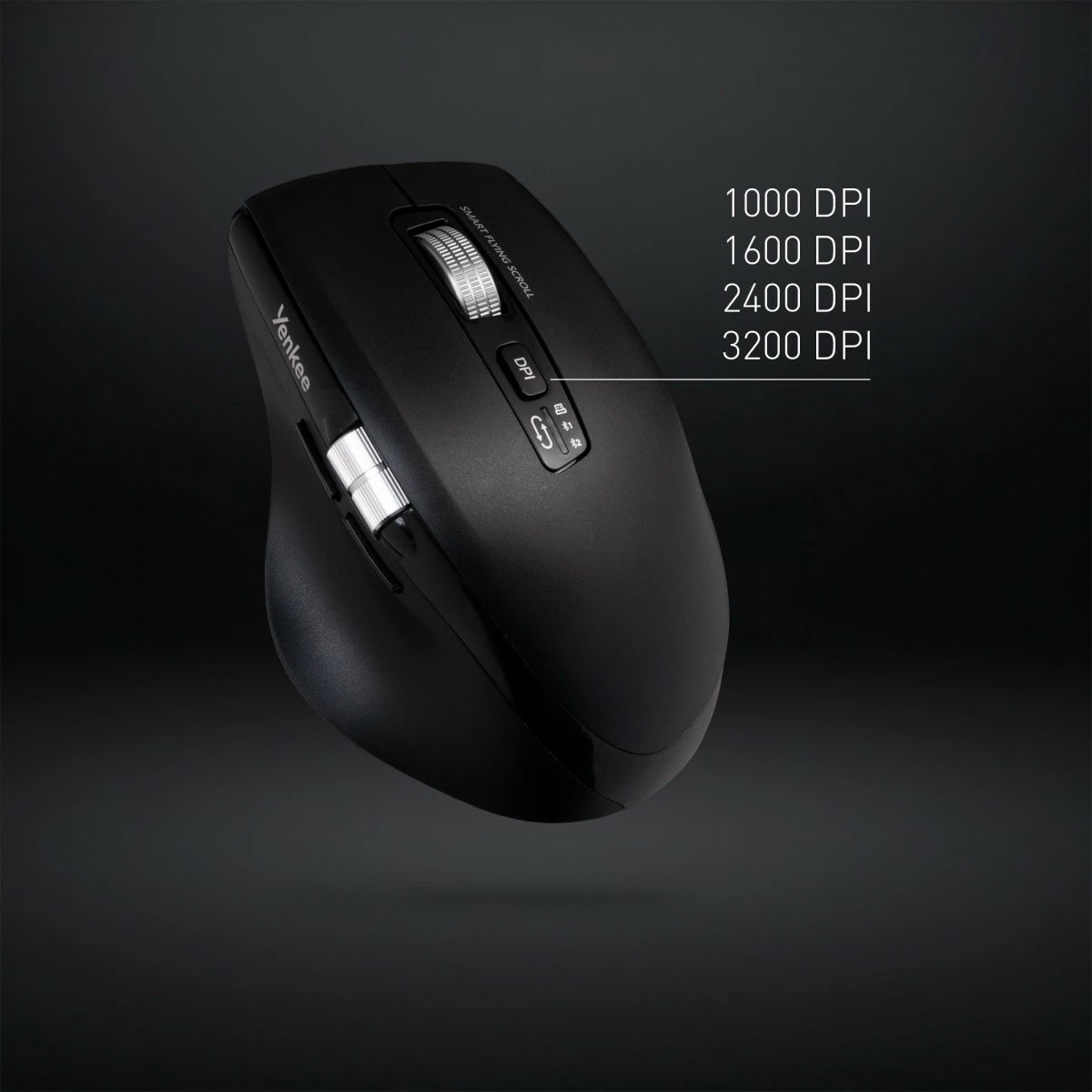 Maus wireless YENKEE SPIN YMS 2095B, 1000–4800 DPI, 7 butona, bateri e rikarikueshme Li-Ion, 2x Bluetooth + 2.4GHz USB, i zi, me kabllo karikimi USB-C