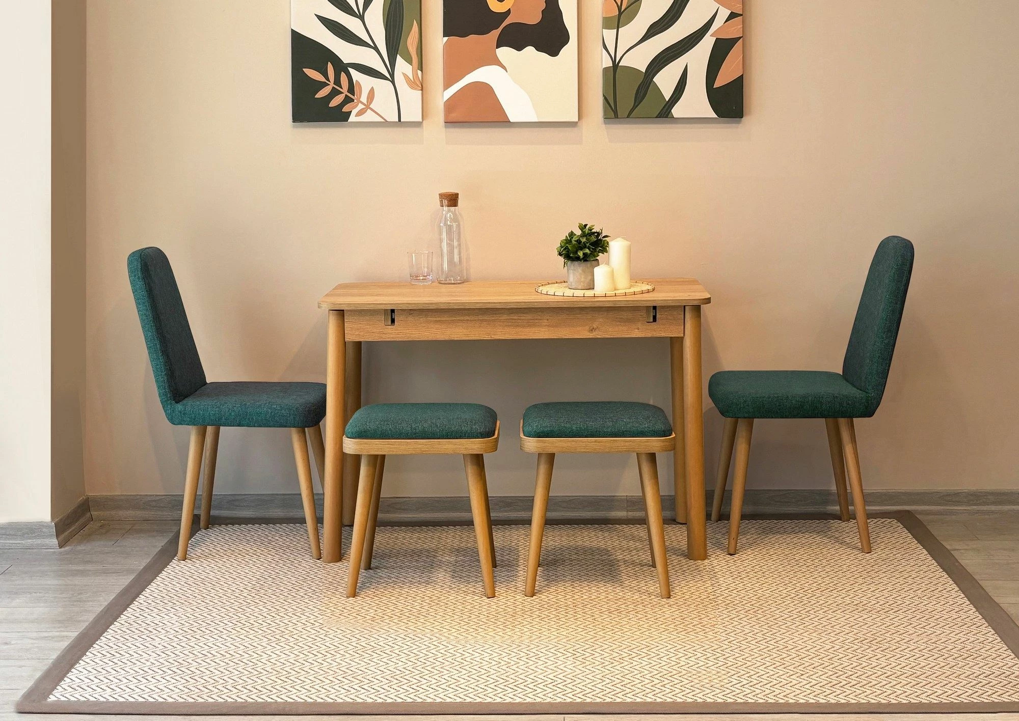 Set tavoline me karrige, zgjatshme, 6 pjesë, ngjyrë lis dhe e gjelbër, Skye Decor, Vina Mini 03 1070