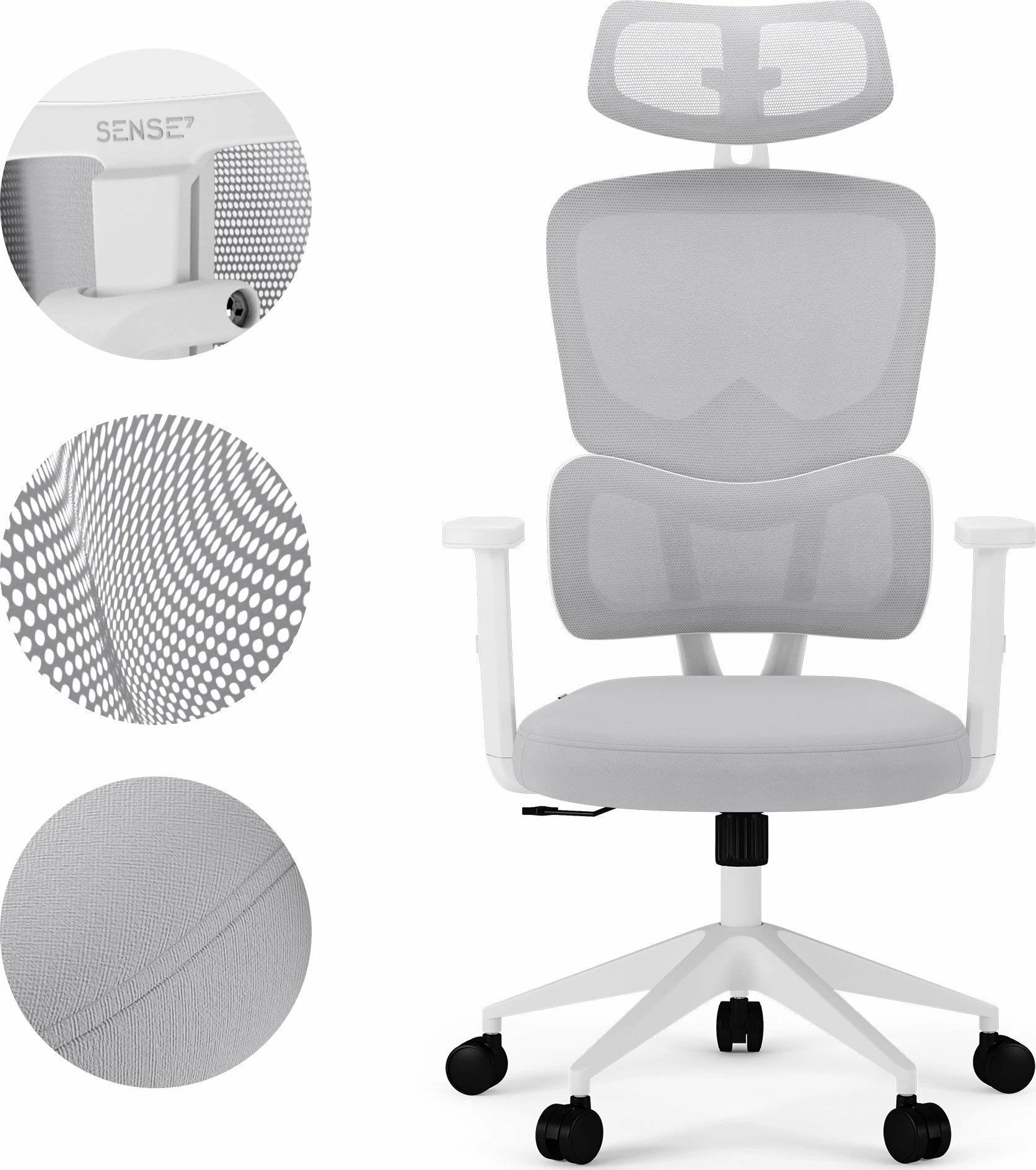 Karrige zyre SENSE7 Veno, me rrjetë ventilimi, mbështetëse qafe, rregullim lartësie 44-54 cm, me rrota, e bardhë
