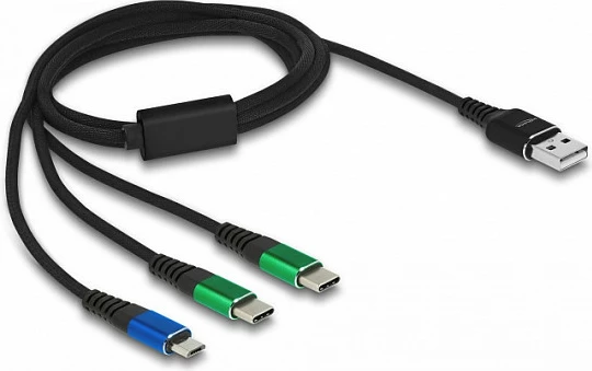 Kablë karikimi DeLOCK 3 në 1 USB-A në Micro-USB + 2x USB-C, 1 m, 3 A, USB 2.0, zezë/kaltër/gjelbër