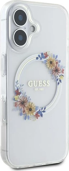 Mbështjellës Guess Flowers Wreath MagSafe për iPhone 16, Transparent