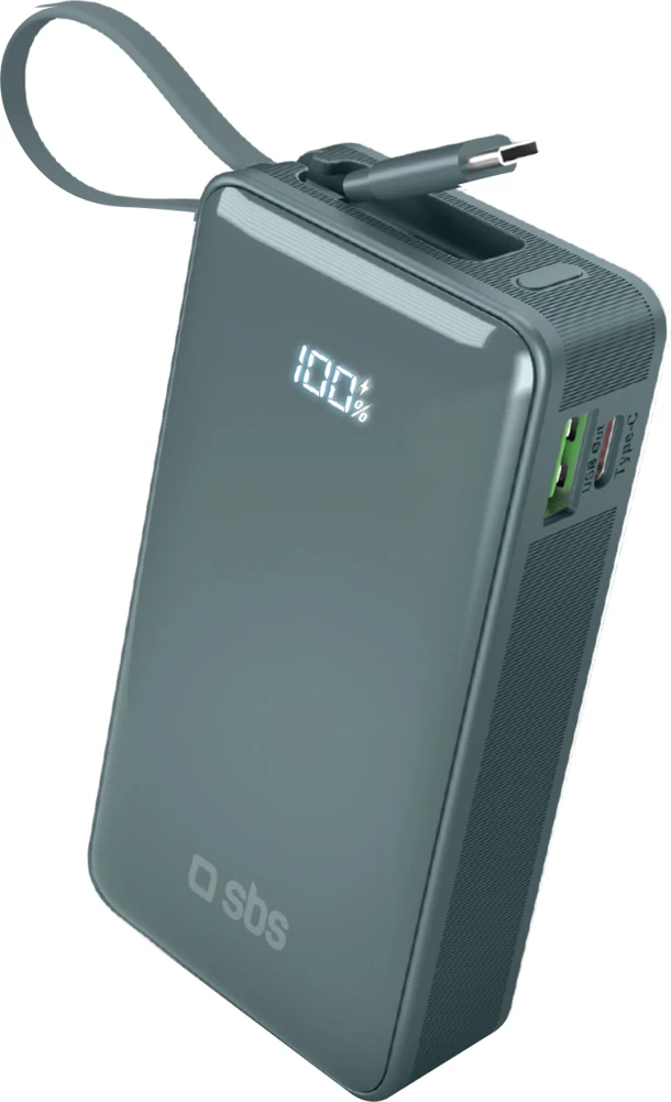 Powerbank SBS 10000 mAh 20W me kabllo USB-C të integruar dhe ekran LCD, Gri