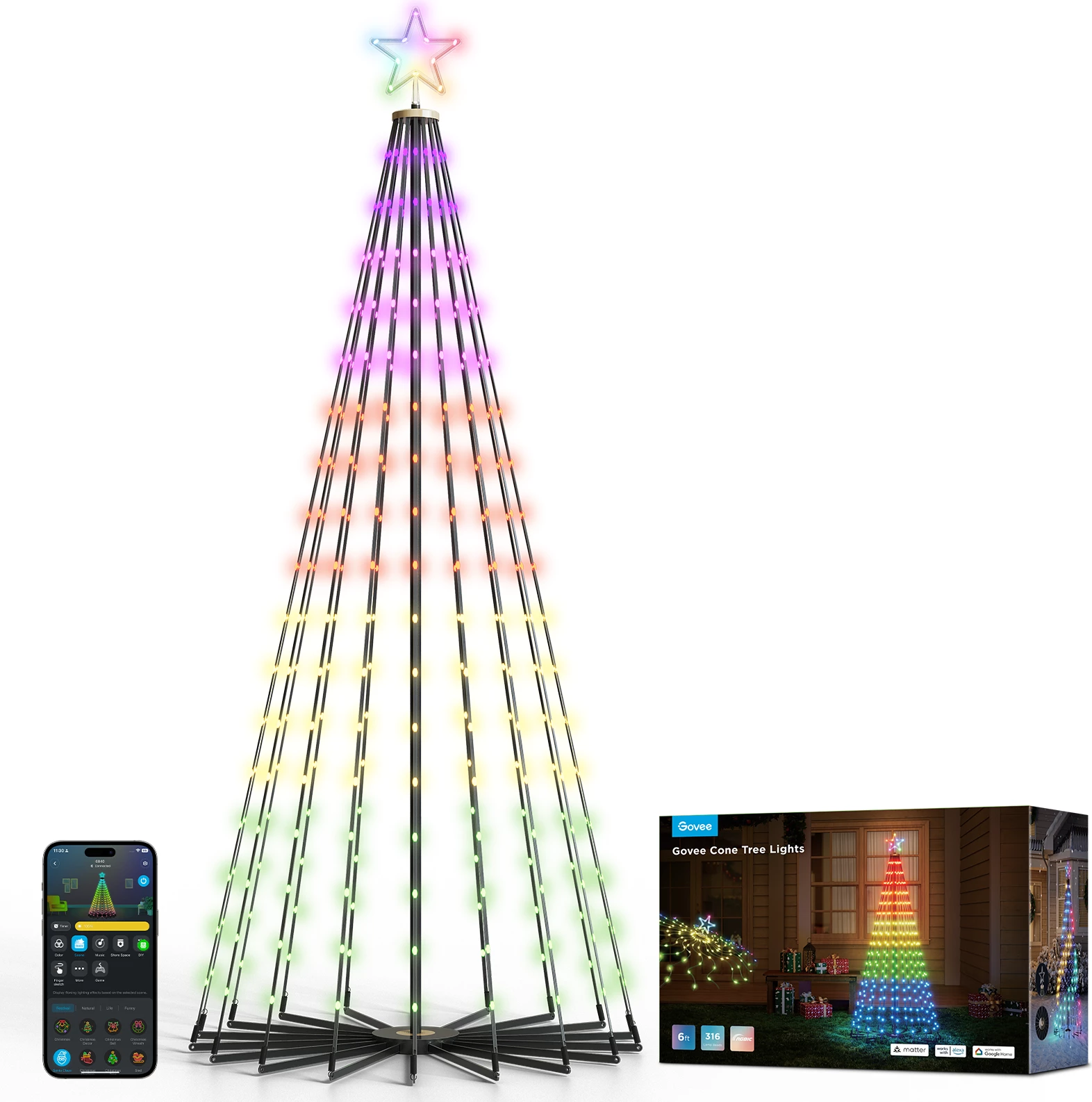 Drita dekorative smart Govee Cone Tree Lights RGBIC, IP65, 66 skena, me kontroll zanor, multicolor, set me 6 kunja