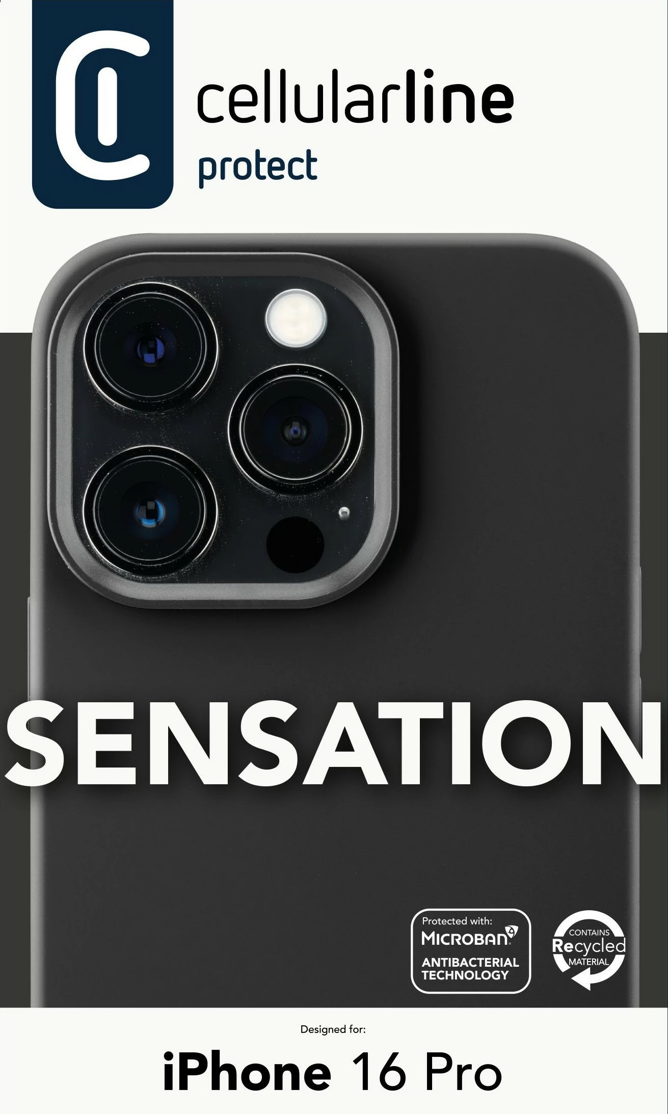 Mbështjellës Cellular Line Sensation për iPhone 16 Pro, e zezë
