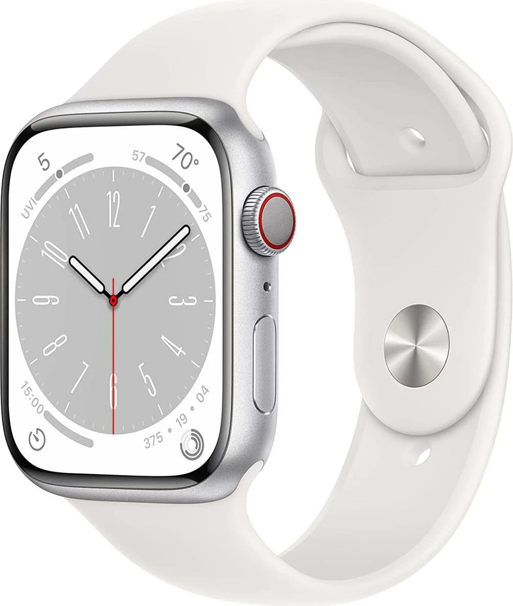 Smartwatch Apple Watch Series 8 Cell 45mm, alumini argjendtë, rrip sport i bardhë