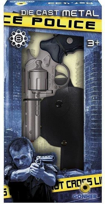 Revolver lodër Gonher Police 239880, metalik, me këllëf dhe 8 fishekë, argjend/zi