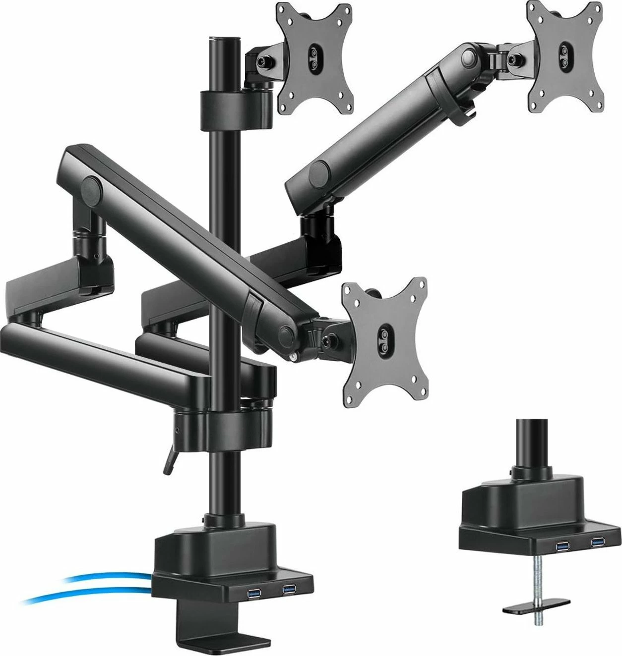 Mbajtëse tavoline për 3 monitorë Maclean MC-811 17"-27" VESA 75x75/100x100 me USB 3.0, e zezë