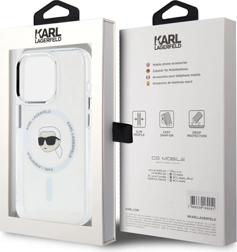 Mbështjellës Karl Lagerfeld IML Metal Karl Head MagSafe për iPhone 15 Pro, Bardhë
