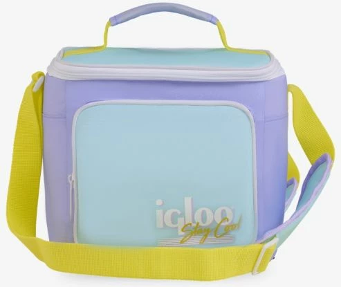 çantë termike IGLOO Soft Retro Square Lunch, kapacitet 9 kanaçe, 22.23×15.24×21.59 cm, pastel vjollcë/bojëqielli me rrip të verdhë