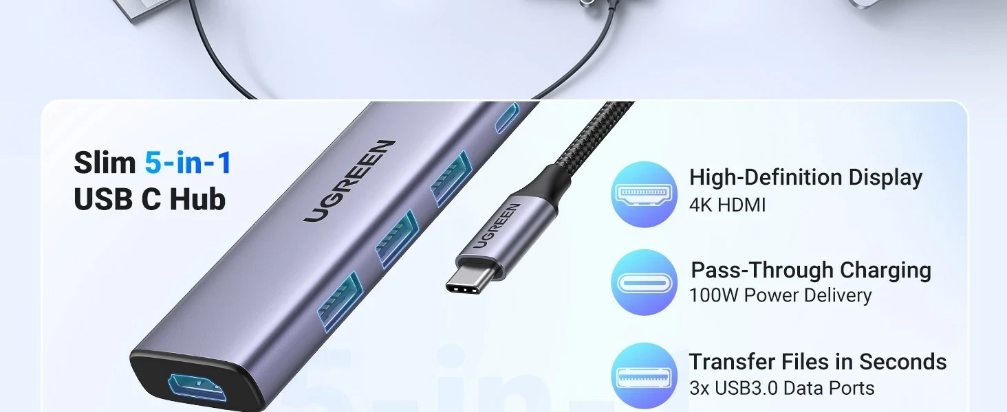 Dock UGREEN 15596 për laptop, 3x USB 3.2 Gen 1 Type-A, 1x USB Type-C, 3x HDMI 2.0, 100W, Alumini