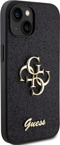 Mbështjellës Guess Glitter Script Big 4G për iPhone 15, i zi