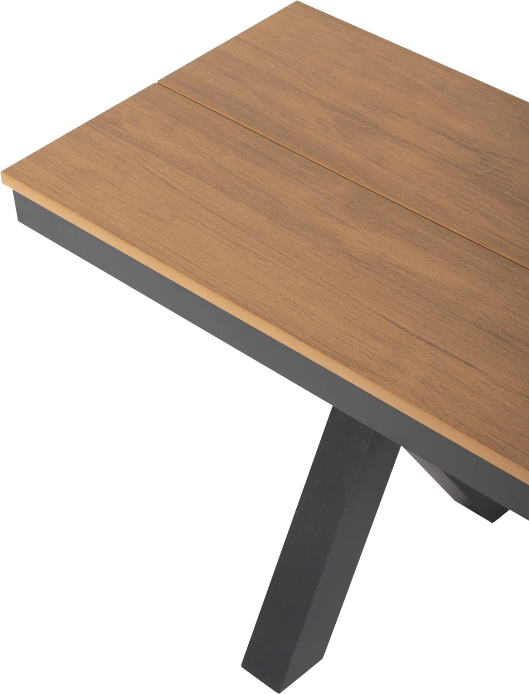 Stol alumini për jashtë, ngjyrë antracit, FH6038.01, me sipërfaqe tavoline polivudi, ngjyrë druri natyral, 150x36x45H cm