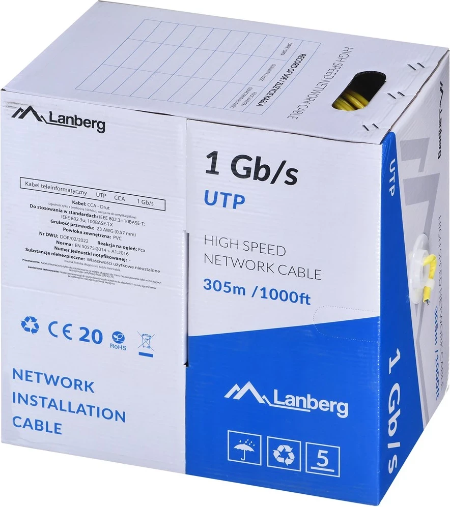 Kabllo UTP LANBERG 1Gb/s 305m e verdhë