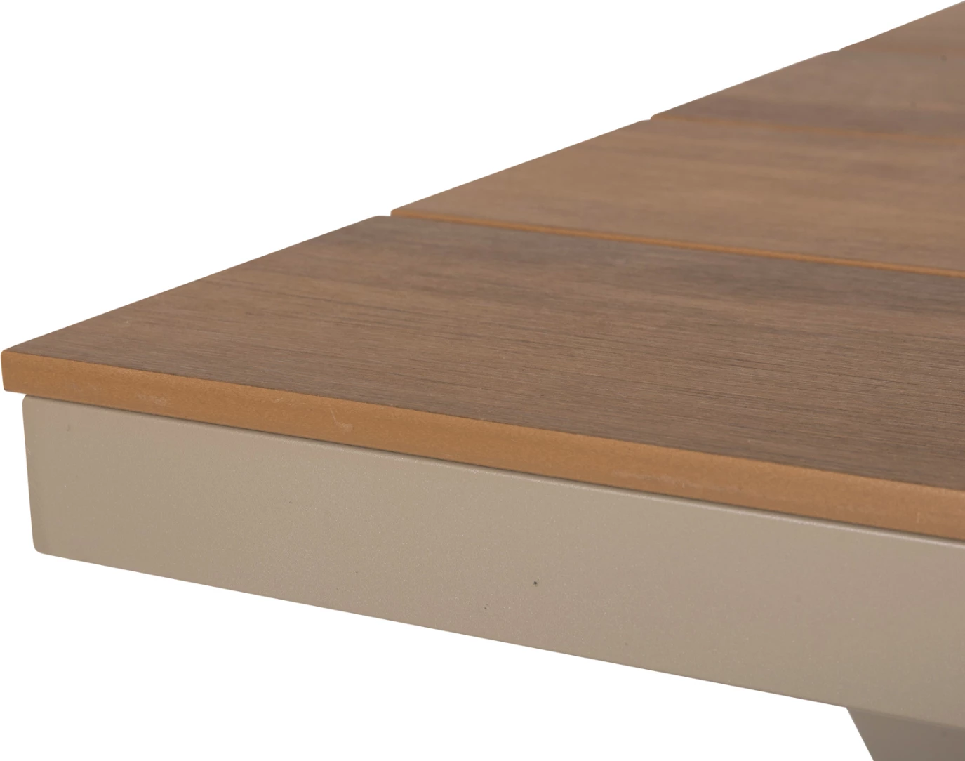 Tavolinë drejtkëndore alumini, TAWNEE, ngjyrë shampanjë, polywood ngjyrë druri natyral, 219.5x89.5x73H cm