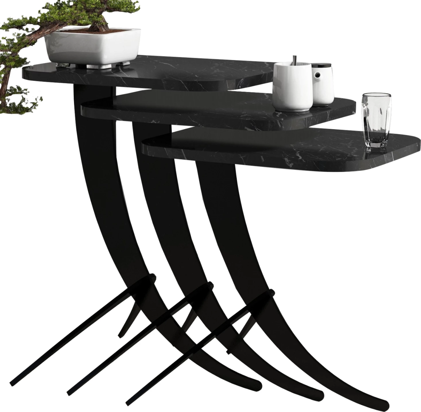 Tavolina anësore 3PCS FH9508.02 sipërfaqe melamine ngjyrë mermeri të zi, këmbë metali të zeza 35x45x60H cm