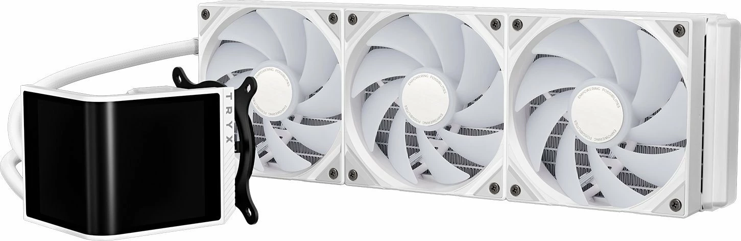Ftohës uji AiO për CPU TRYX Panorama SE ARGB 360 (L-P360L-AM3M-G0W), 3x120mm PWM, ekran 3D AMOLED 2K 60Hz, e bardhë