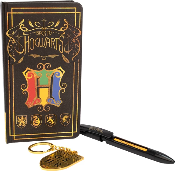 Set dhuratë fletore + stilolaps BLUE SKY Harry Potter Hogwarts Crest 16 x 9 cm, me zinxhir çelësash, i zi/ari