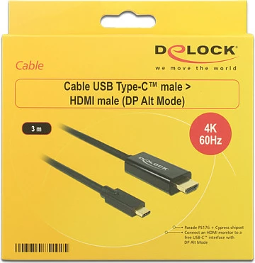 Kabllo USB-C në HDMI DeLOCK 85292, 3 m, 4K 60Hz, HDCP, e zezë