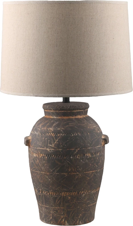 Llambë tavoline Knossos, qeramikë, ngjyrë kafe-terakote, abazhur liri bezhë, 25x23x65cm