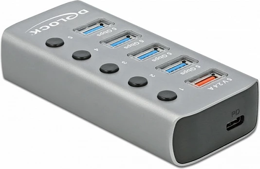 Hub USB DeLOCK, 4x USB-A 5Gbps + Fast Charge 2.4A + USB-C PD 3.0, alumin, gri