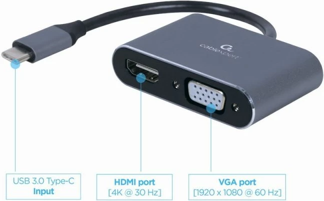 Adapter USB Type-C në HDMI + VGA Gembird, gri