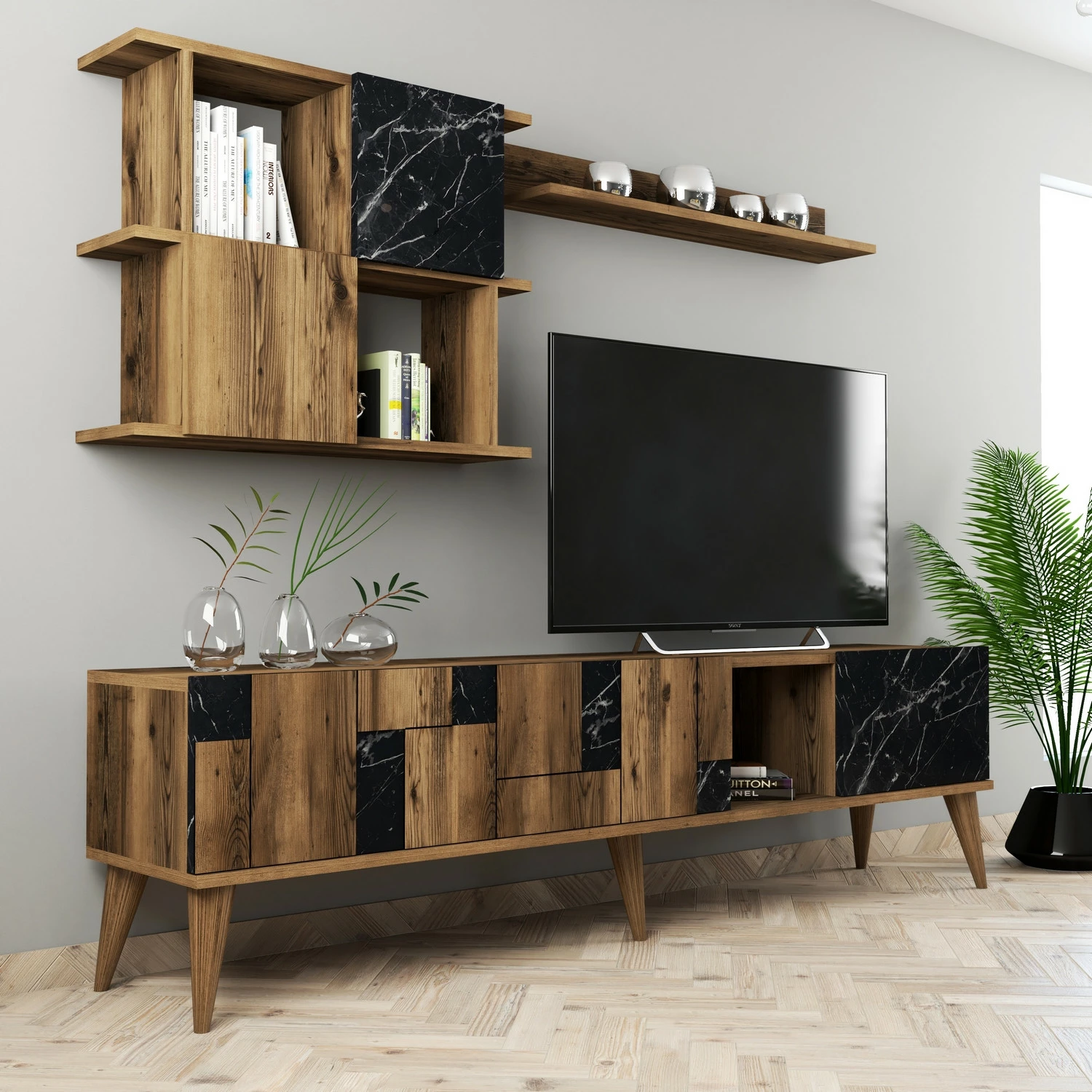Komodë TV Skye Decor, Madrid, ngjyrë arre dhe e zezë