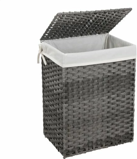 Shportë rrobash SONGMICS LCB51WG 90L me kapak, me doreza, e palosshme, gri