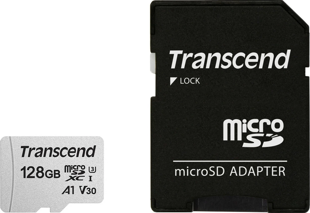 Kartelë microSDXC Transcend 300S 128GB me adapter, Class 10, U3, V30, e argjendtë