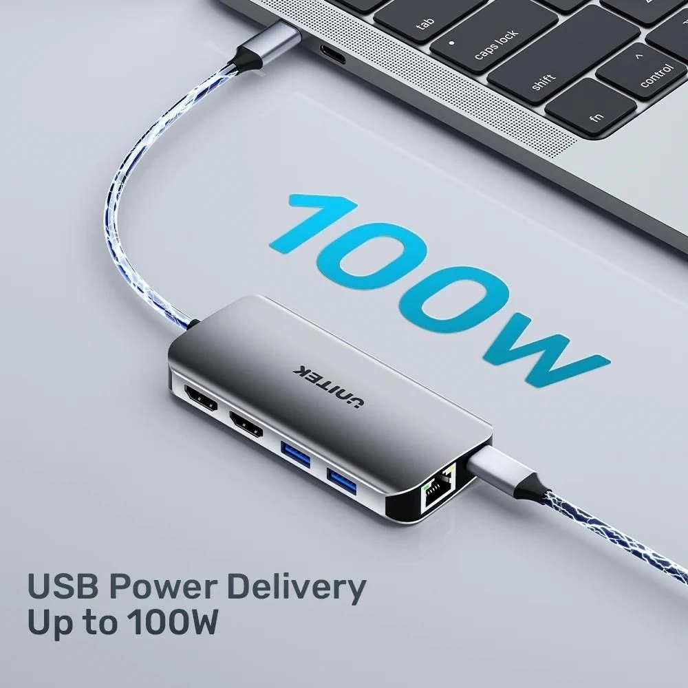 Hub UNITEK USB-C, 2x HDMI 4K, RJ45, PD 100W, Gri