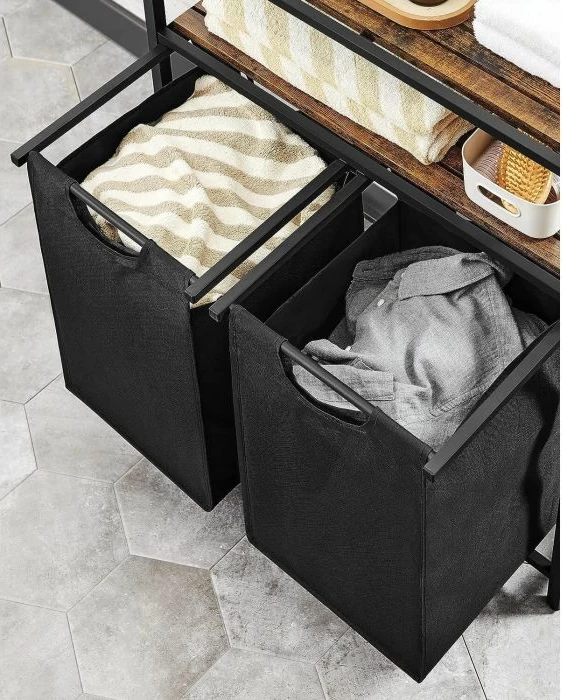 Kosh rrobash VASAGLE BLH211B01, 2 ndarje (2 shporta 2x46 L), me 2 rafte, 73x33x91 cm, kafe rustike/zi