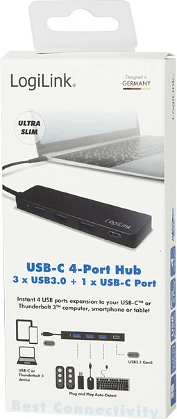 Hub USB LogiLink UA0311, USB-C në 3x USB-A + 1x USB-C, 5Gbps, 30cm, i zi
