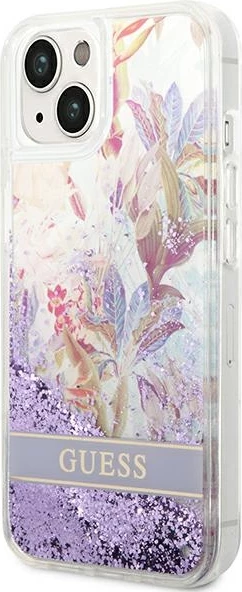 Mbështjellës Guess GUHCP14MLFLSU për iPhone 14 Plus, Flower Liquid Glitter, vjollcë