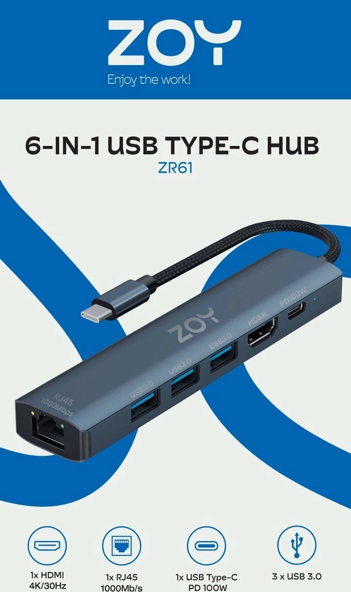 Hub USB-C ZOY ZH61 6-në-1, HDMI 4K, LAN Gigabit, PD 100W, 3x USB 3.0, i zi