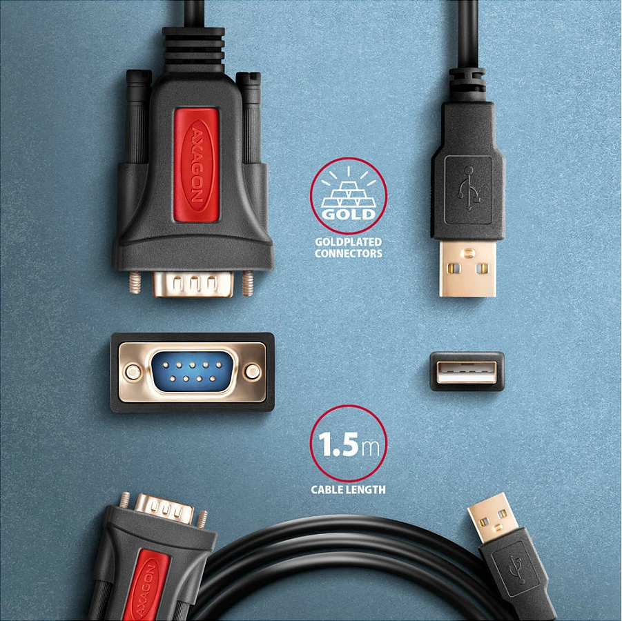 Kabllo adapter Axagon ADS-1PSN, USB 2.0 në RS-232 (COM), PL2303GT, e zezë