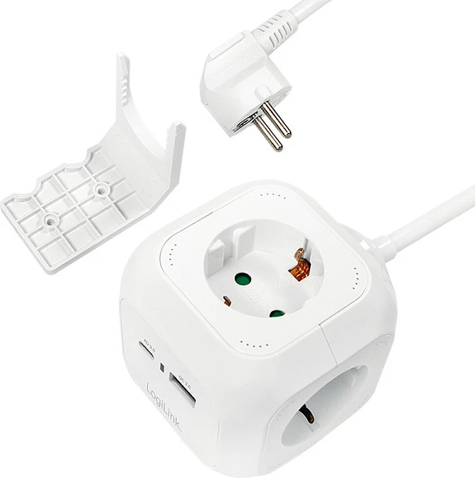 Zgjatues rryme LogiLink Cube, 4 priza, USB-A + USB-C, 20W PD, i bardhë