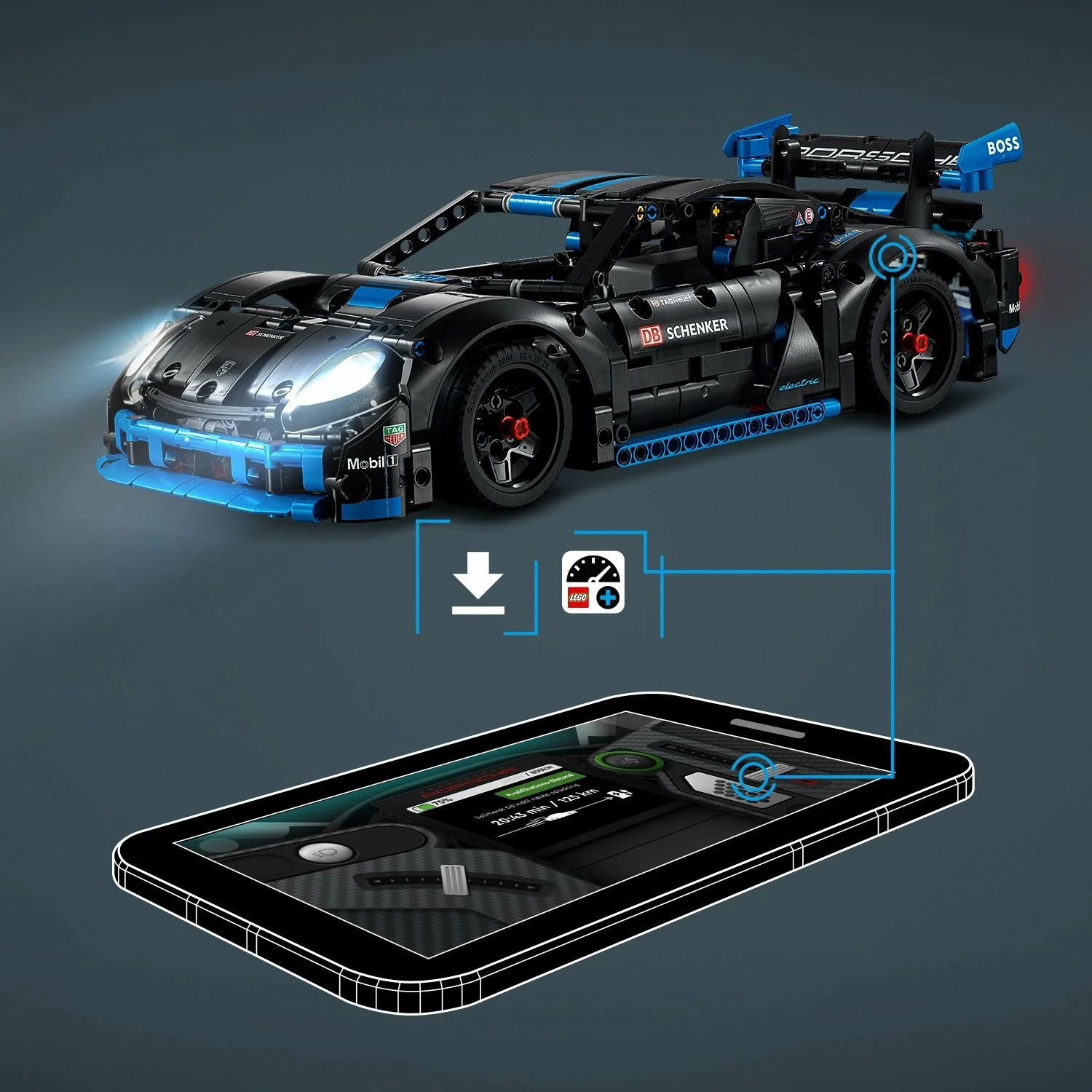 Set LEGO Technic Porsche GT4 e-Performance 42176, 834 copë, remote-control me CONTROL+, zi/kaltër